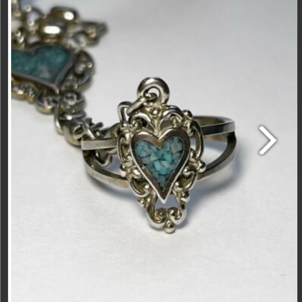 Vintage EGE 90 Turquoise Chips Heart Silver Tone Cuff Bracelet~ Southwestern